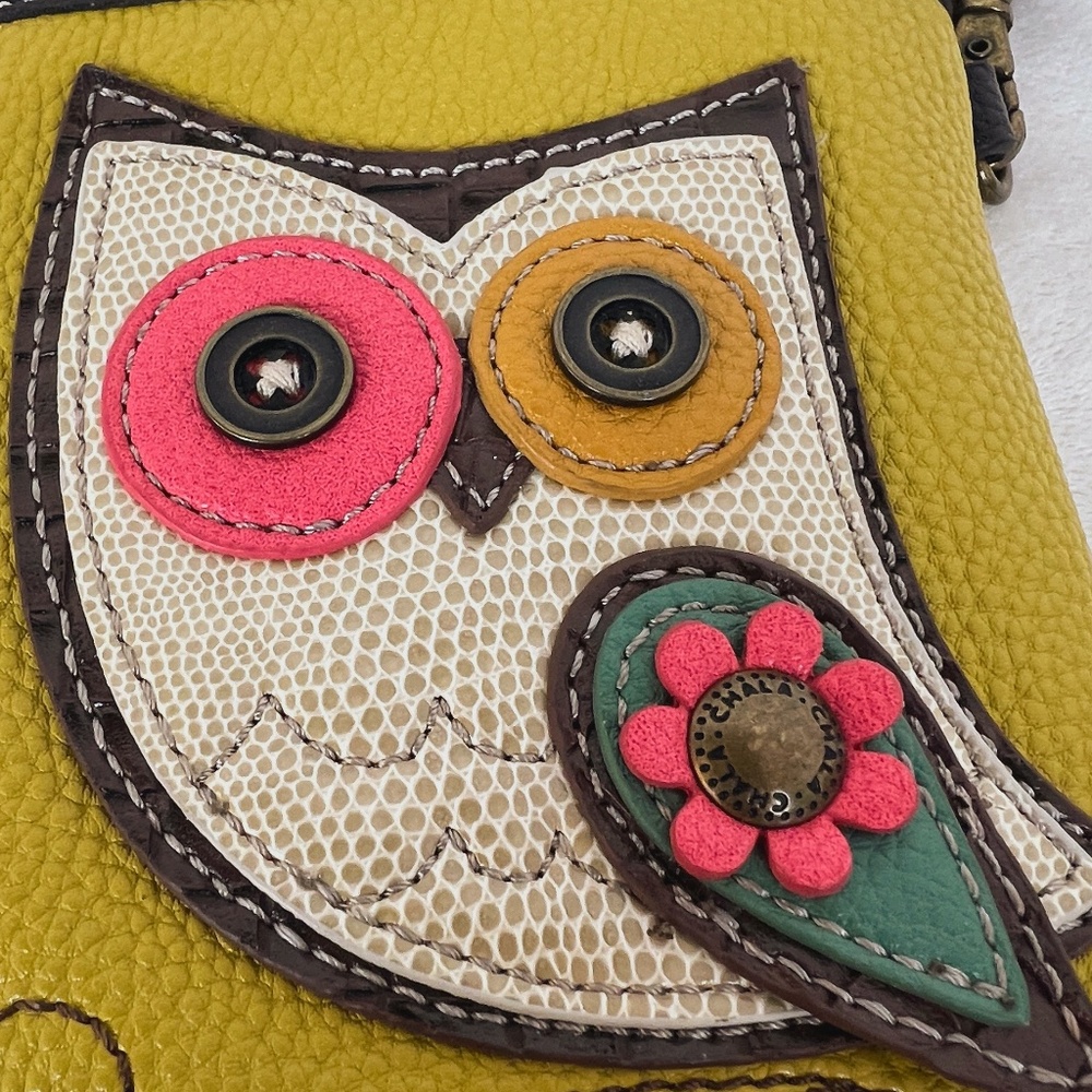 CHALA Crossbody Cell Phone Gold Vegan Pebbled Leather Bag Wide Eyed Owl - Picture 12 of 14
